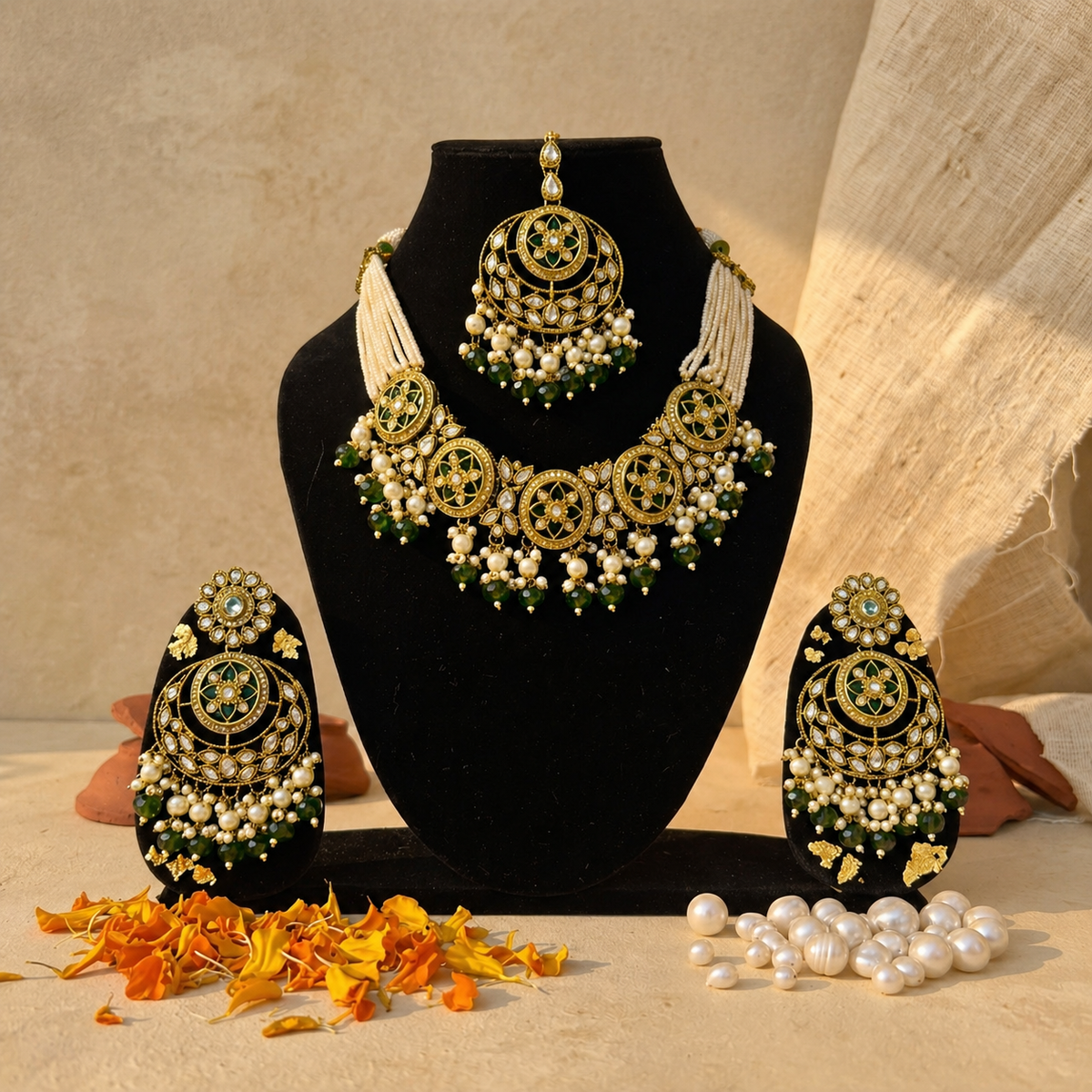 Stone Studded Brass Heavy Necklace Set With Earrings And Mangtika