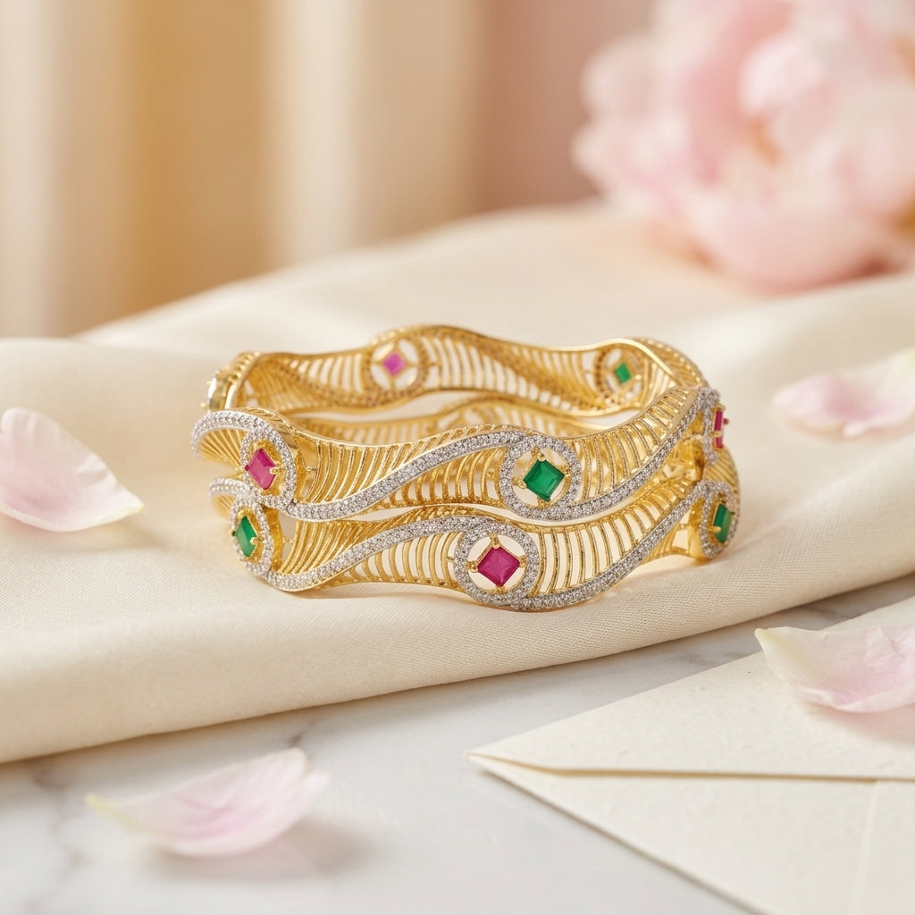 Multi-Ruby & Striped Diamond Kada For Women & Girls