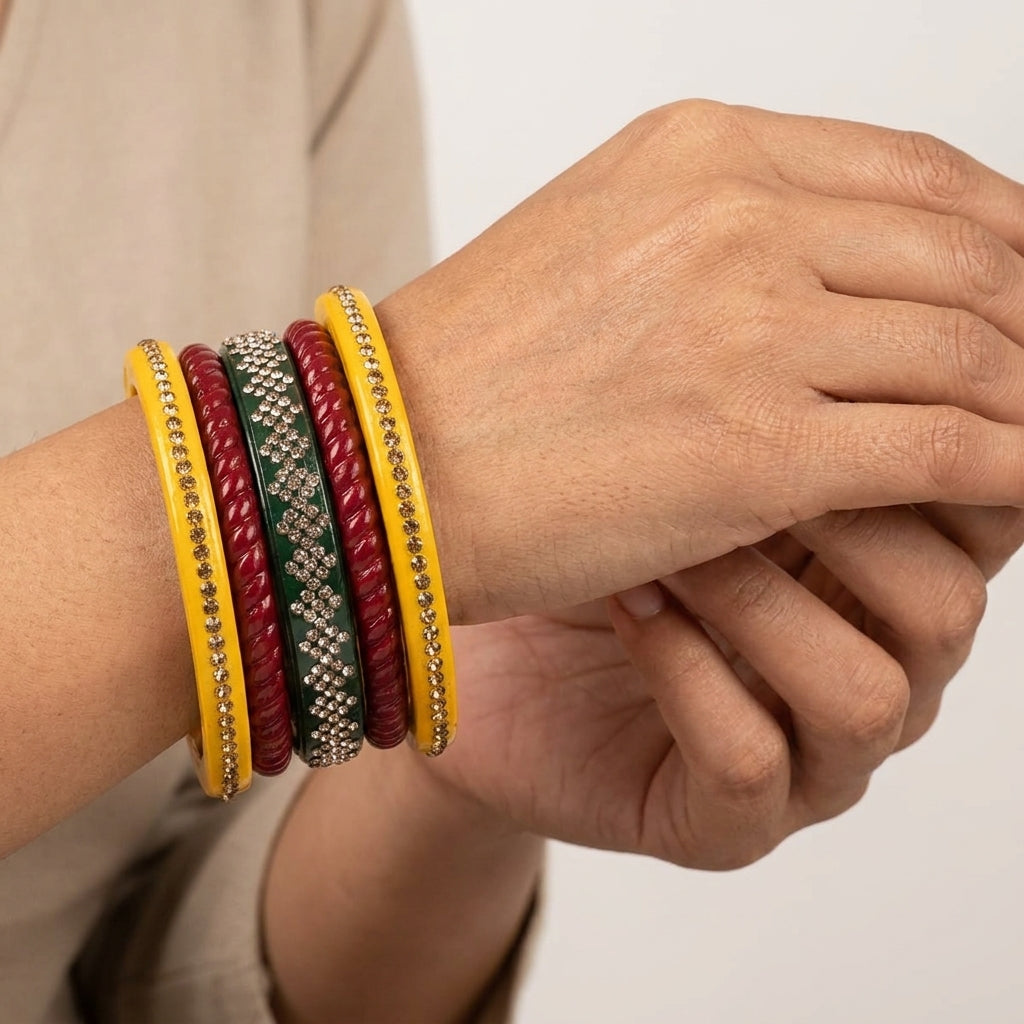 Karva Chauth Special Red Yellow Green Lakh traditional Bangles Set | for women and girls