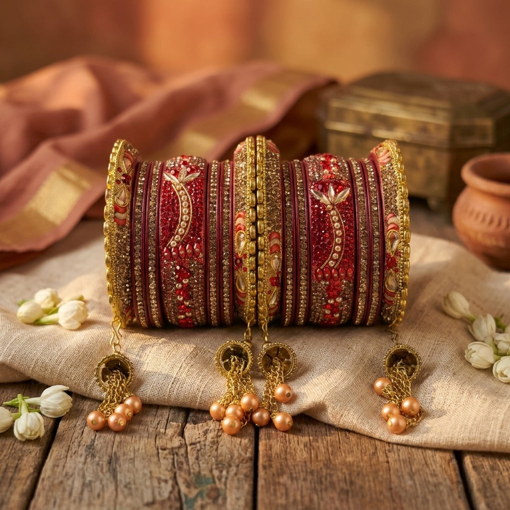 Rajasthani Lac Bangles Set, Red Colour with Crystal Work, Traditional Lakh Chuda, 14 Pieces