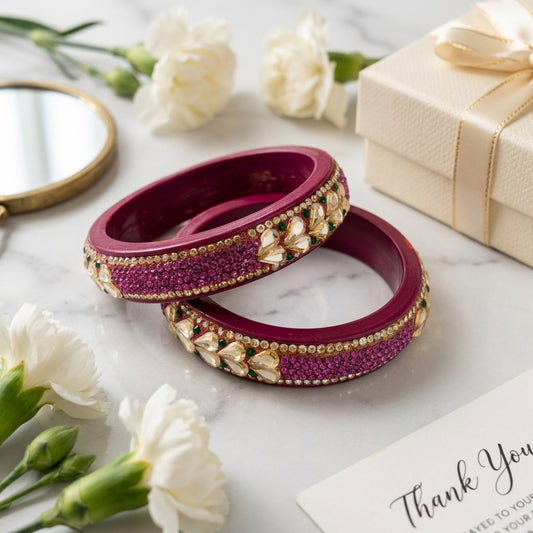 Rani Colour Kundan Topaz Fitted Kada Latest Design Rajasthani Bangles | Set of 2 lakh Bangles | Traditional Kada | For Women and Girls