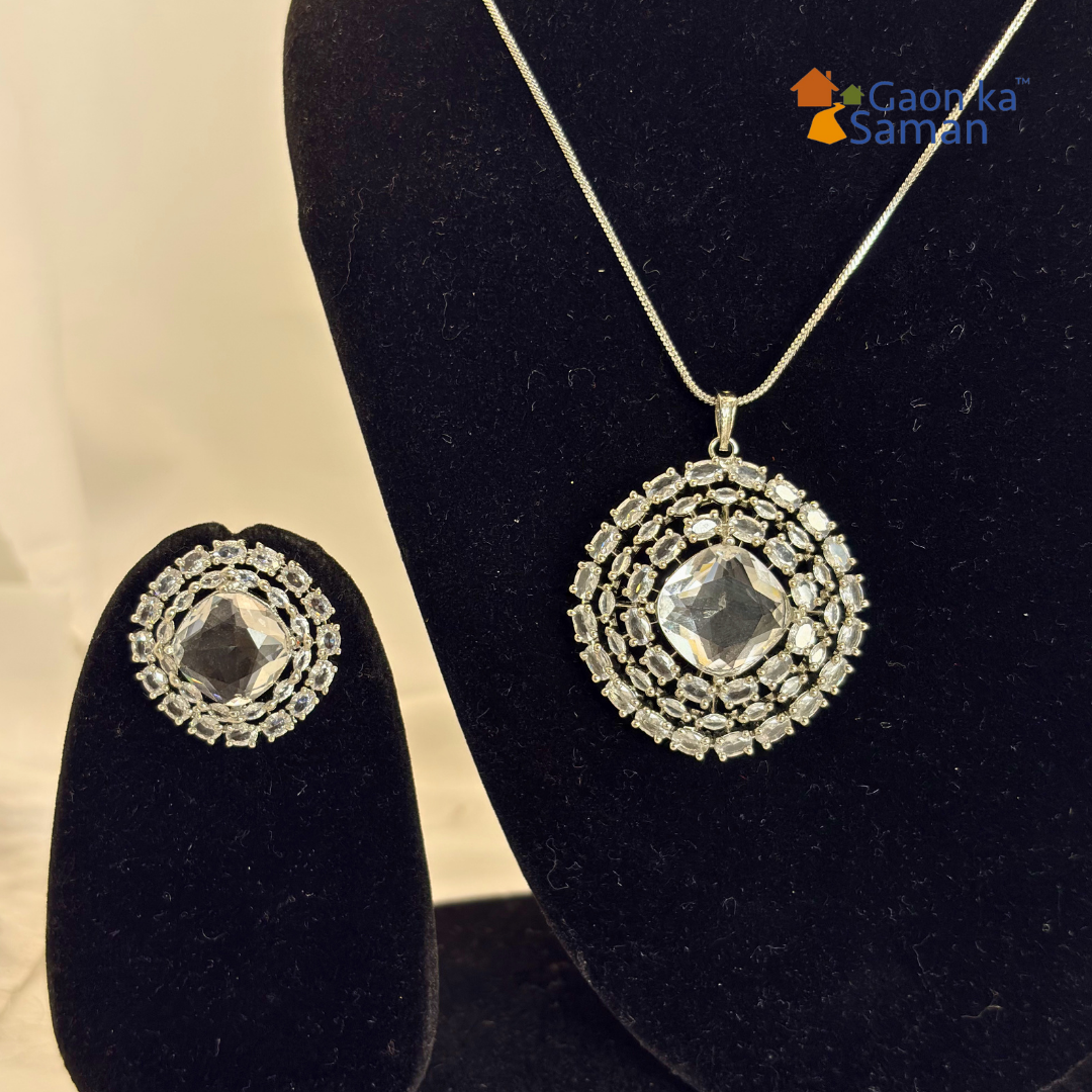 Diamond Pendant Set, Cz Pendant With Chain And Earrings Replica American Diamond Set