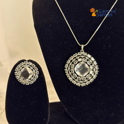 Diamond Pendant Set, Cz Pendant With Chain And Earrings Replica American Diamond Set