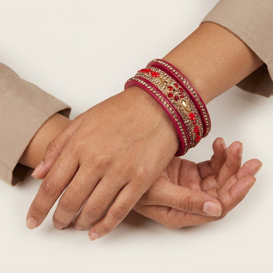 Pink Rajasthani Lac Kada/Bangles with Red Stones, Golden Teardrop Stones, and Rhinestones | Set of 6 | Traditional Bangles for Women and Girls