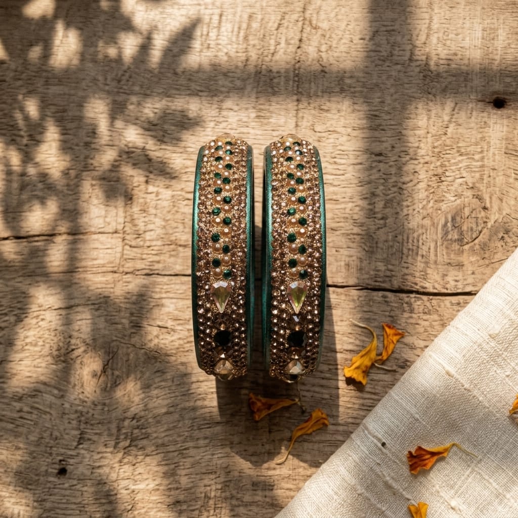 Green Plated with Kundan and Topaz Fitted Lac Kada Bangle