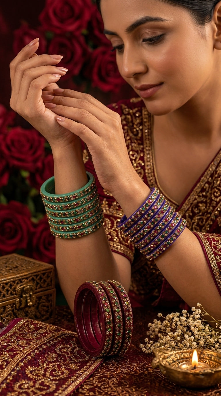 Rajasthani Lac Bangles with Mirror and Stone Embellishments (Set of 4)