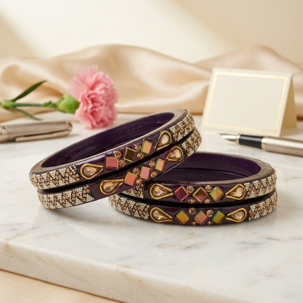 Lac Bangles with Beautiful Rhinestones Design (Pack of 4)