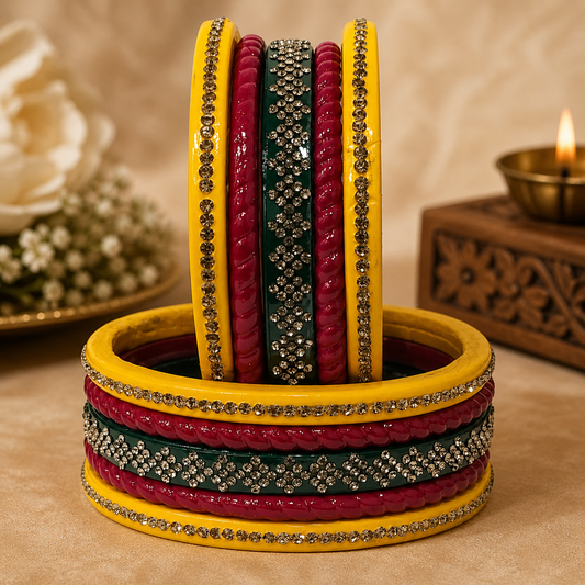 Karva Chauth Special Red Yellow Green Lakh traditional Bangles Set | for women and girls