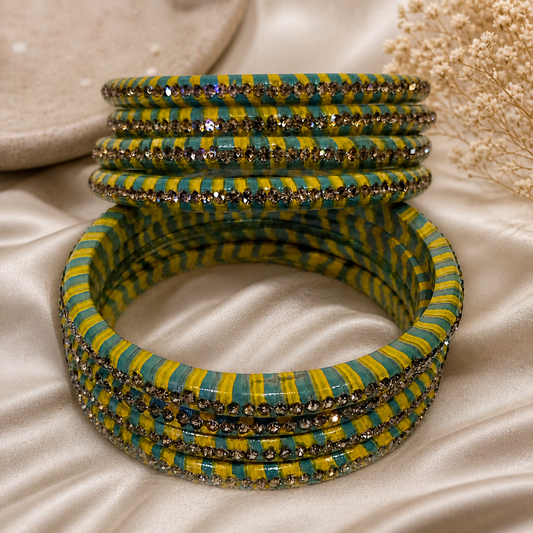 Sky-Blue and Yellow Lehariya Bangles Set of 8 with Spherical Zircon Line | for Women and Girls