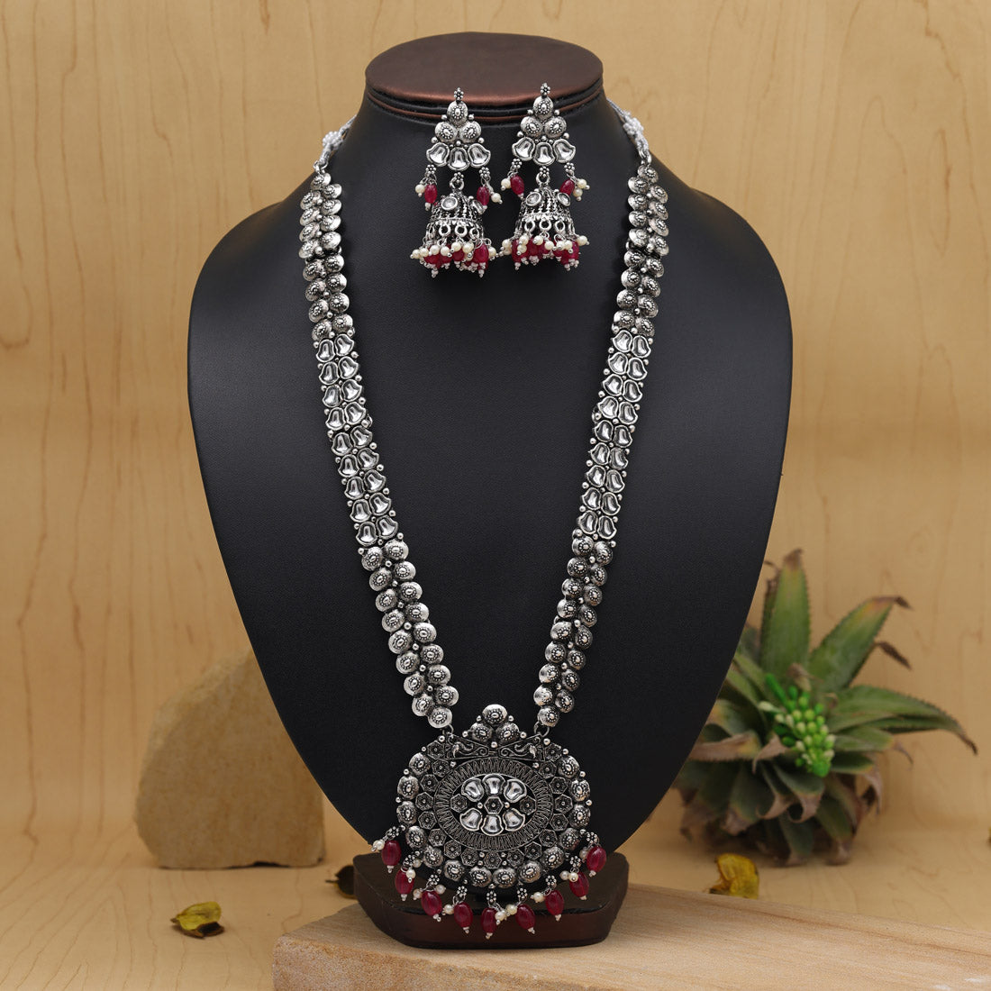 Green Kundan German Silver Oxidized Rani-Haar | Long Necklace Set | Kundan Necklace Set | For Women & Girls