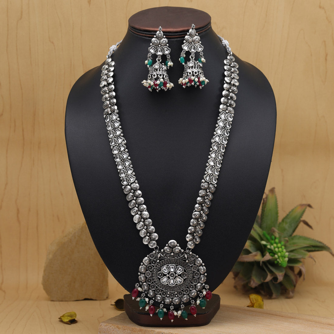 Green Kundan German Silver Oxidized Rani-Haar | Long Necklace Set | Kundan Necklace Set | For Women & Girls
