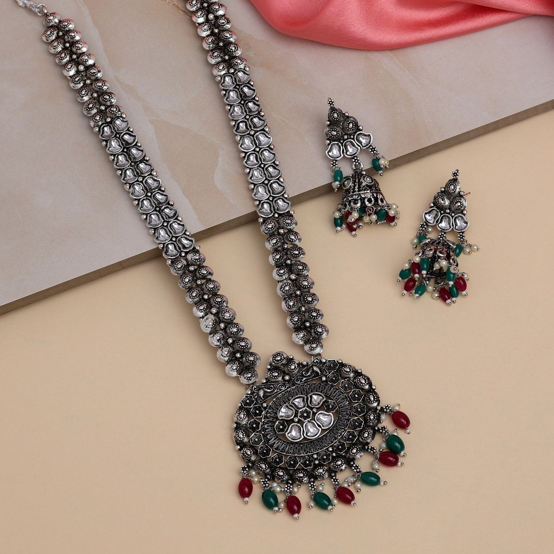 Green Kundan German Silver Oxidized Rani-Haar | Long Necklace Set | Kundan Necklace Set | For Women & Girls
