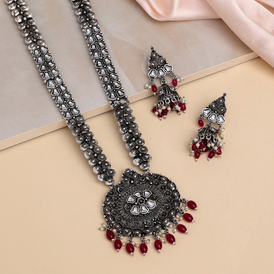 Green Kundan German Silver Oxidized Rani-Haar | Long Necklace Set | Kundan Necklace Set | For Women & Girls