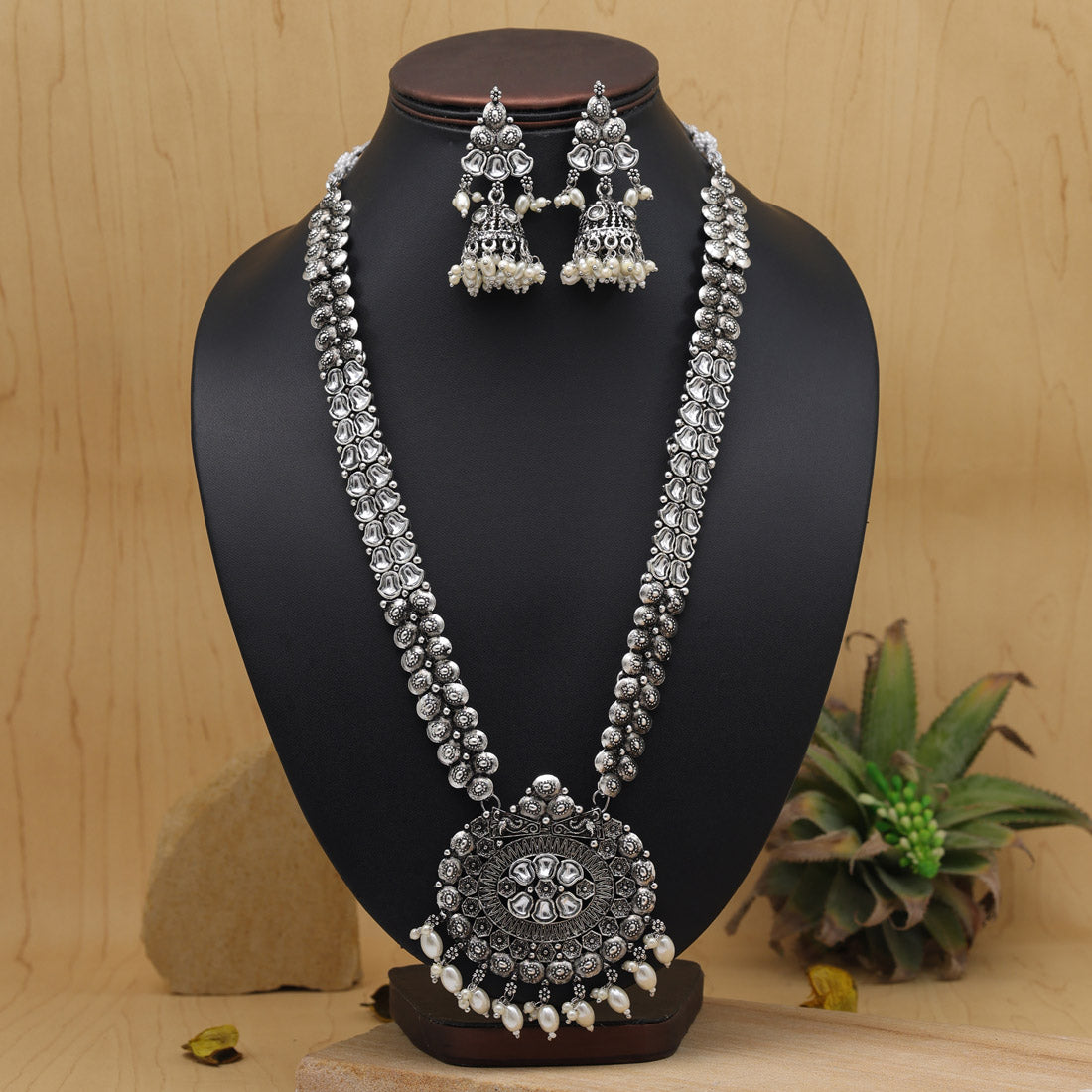 Green Kundan German Silver Oxidized Rani-Haar | Long Necklace Set | Kundan Necklace Set | For Women & Girls