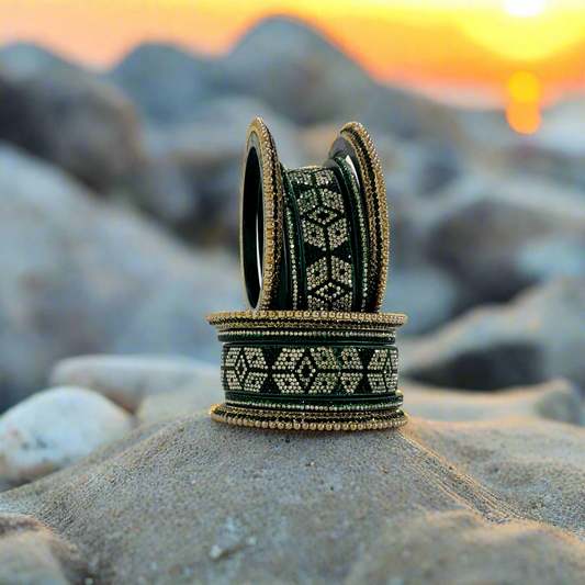 Graphic Design Bridal Green Lakh Bangles Set of 10 | Traditional Rajasthani Lakh Bangles | For Women and Girls