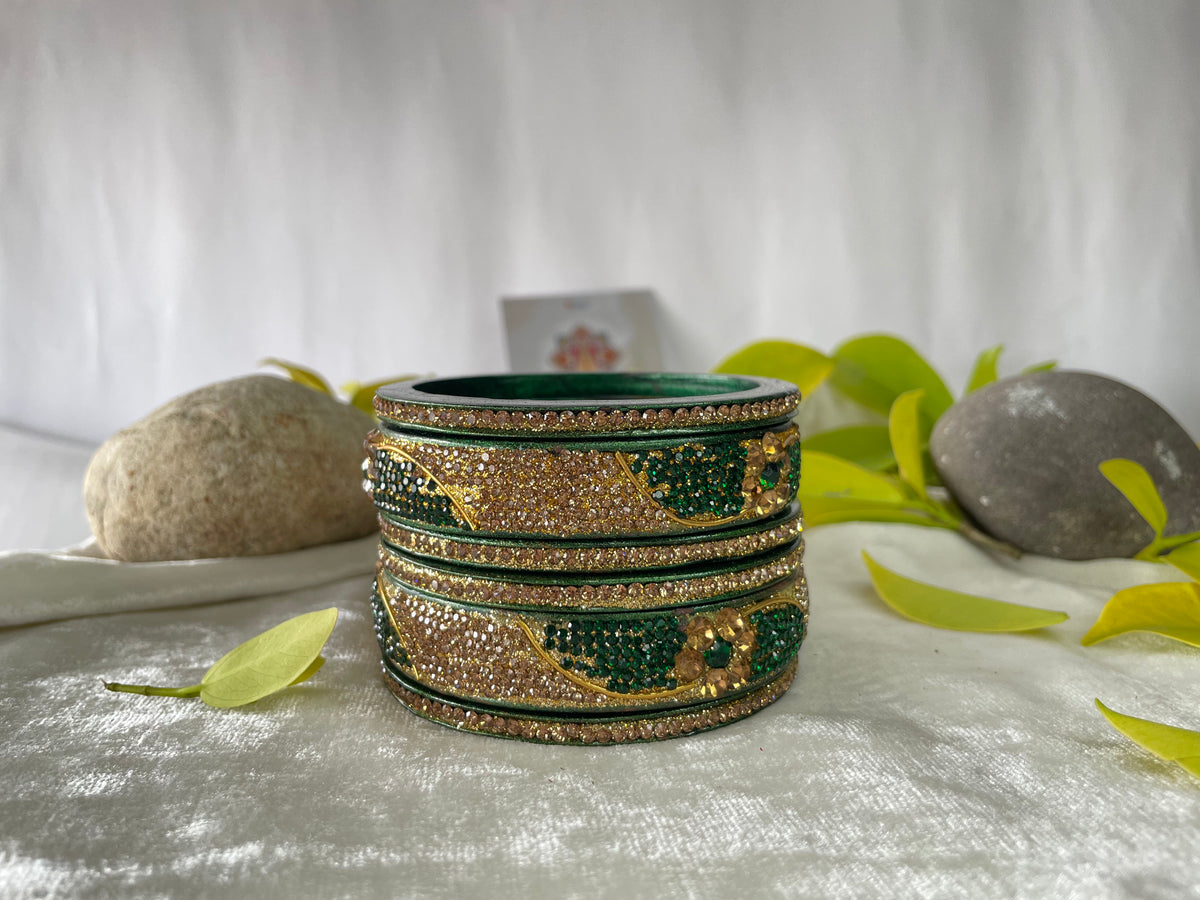 Emerald Green Golden Stoned Lakh bangles | Lac Bangle/ Lakh Bangle/ Kadda/ chura | traditional Bangdi | for women and girls