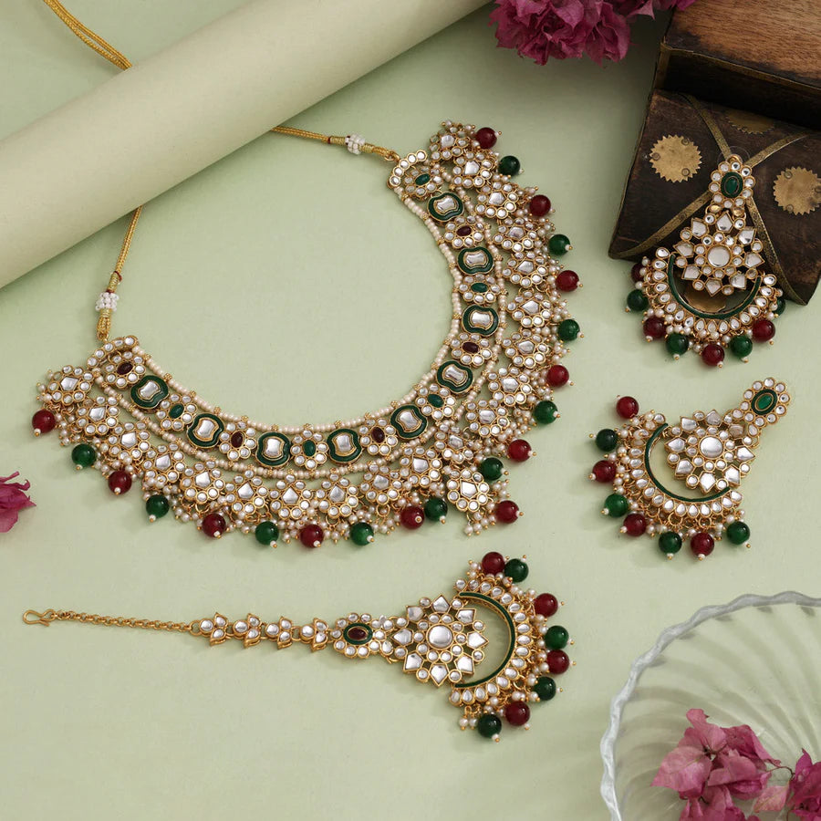 Yellow Maroon & Green Color Meena Work Kundan Necklace Set