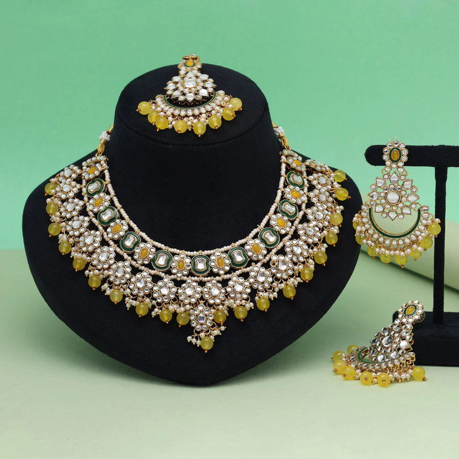 Yellow Maroon & Green Color Meena Work Kundan Necklace Set