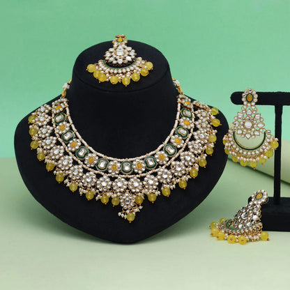 Yellow Maroon & Green Color Meena Work Kundan Necklace Set