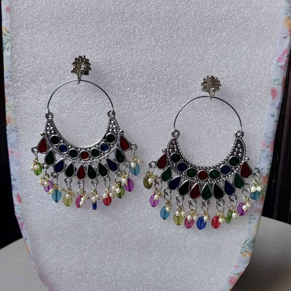 Silver Oxidised Multicolour Mirrored Afghani Chandbali gaonkasaman