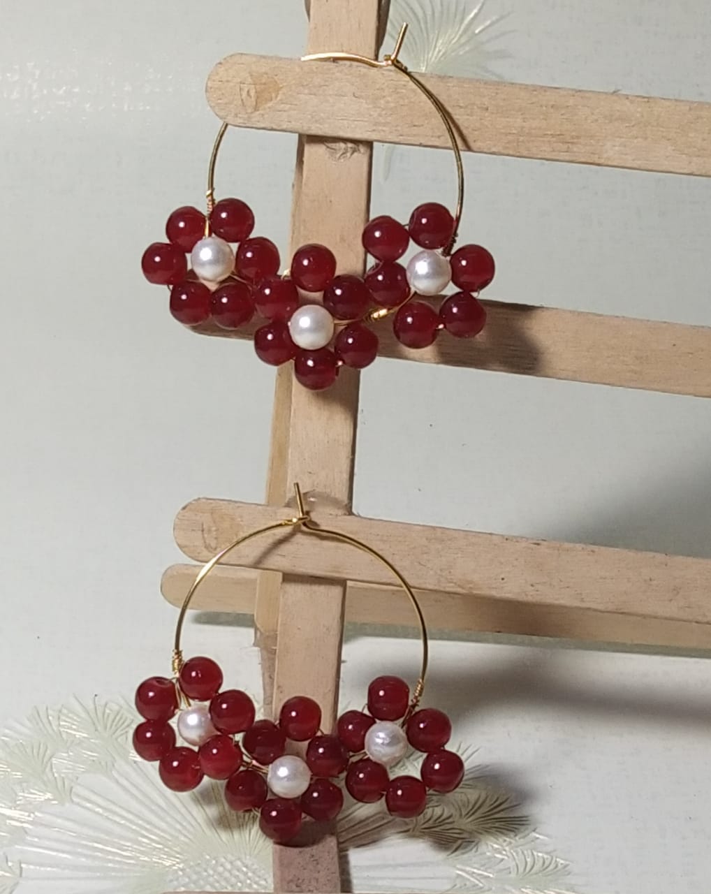 Triple Daisy Delight Maroon Pearls  Floral Hoops gaonkasaman