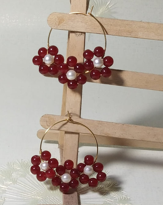 Triple Daisy Delight Maroon Pearls Floral Hoops gaonkasaman