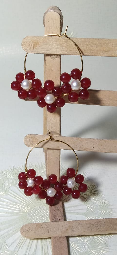 Triple Daisy Delight Maroon Pearls  Floral Hoops gaonkasaman