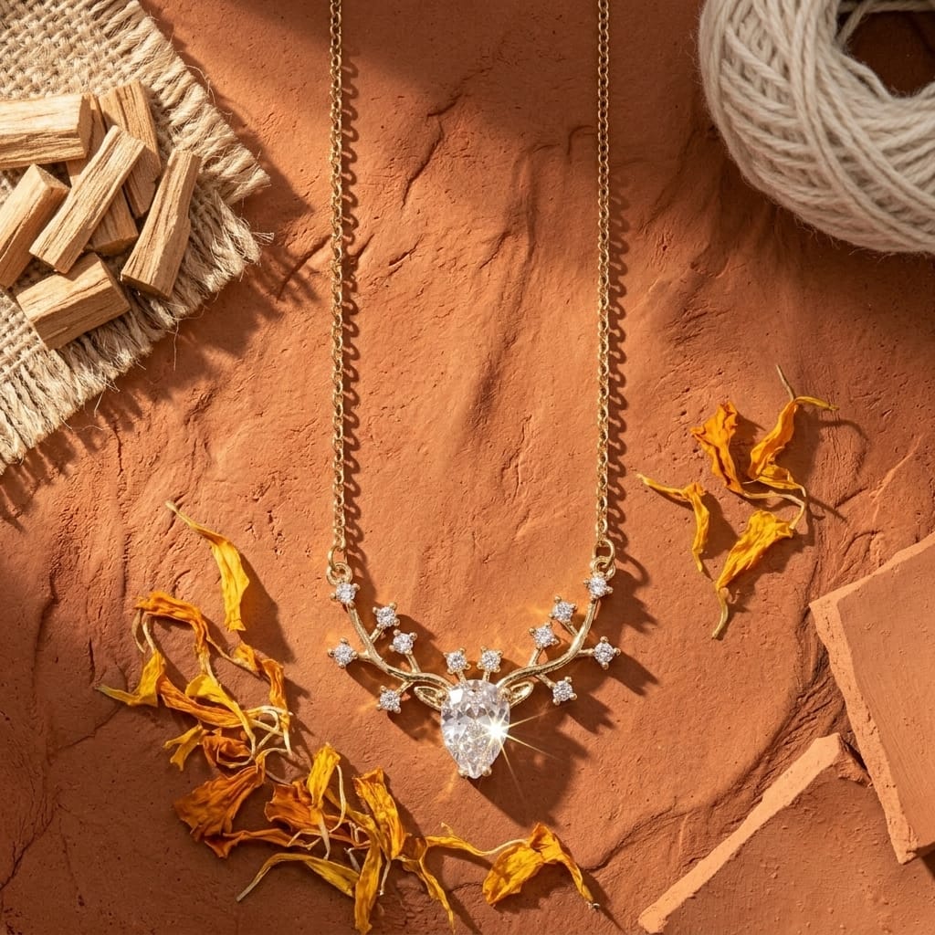 LUXURY CRYSTAL DEER ANTI TARNISH PENDANT NECKALCE FOR WOMAN & GIRLS (GOLD PLATED)