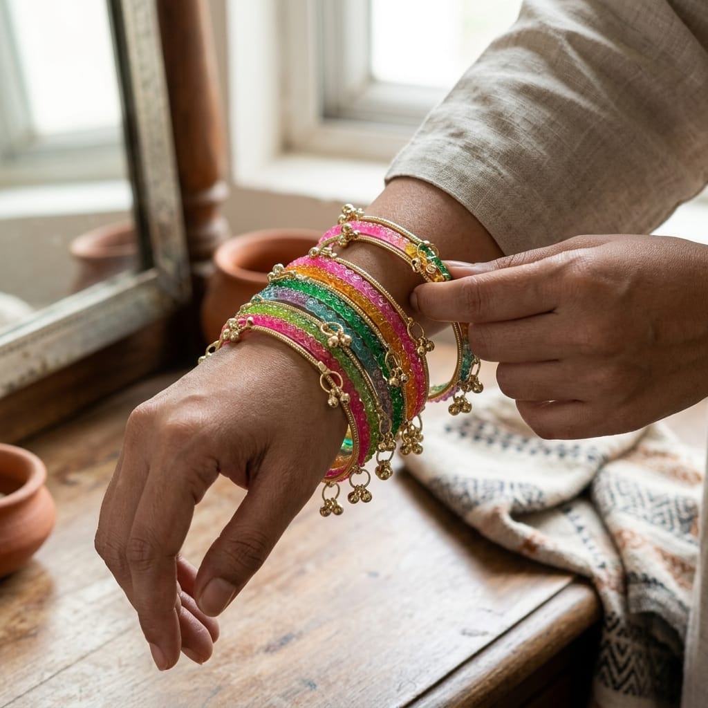 Kashmiri Churi Set Metal Multicolour Glass Bangle Set (Pack Of 20)