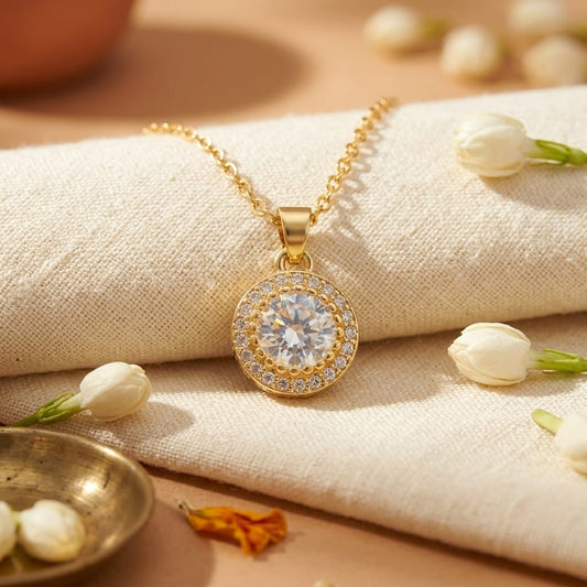 Classic Solitaire Gold Plated Sterling Silver Pendant With Chain