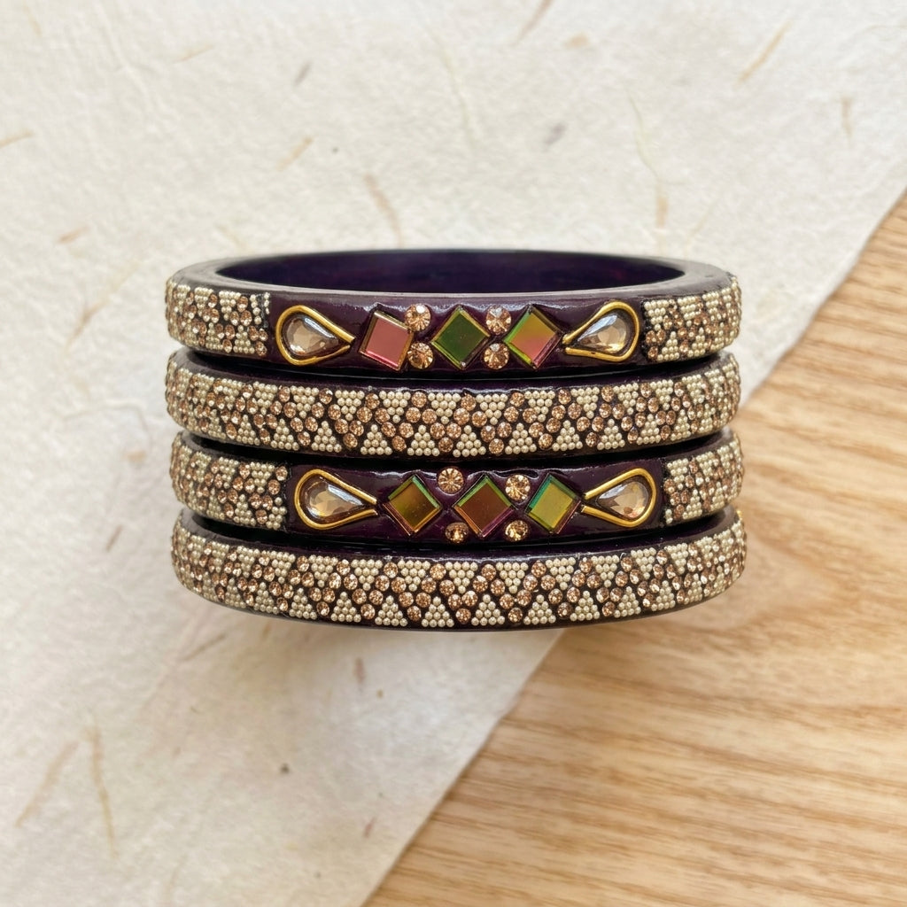 Lac Bangles with Beautiful Rhinestones Design (Pack of 4)