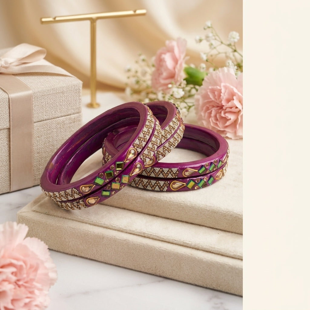 Lac Bangles with Beautiful Rhinestones Design (Pack of 4)