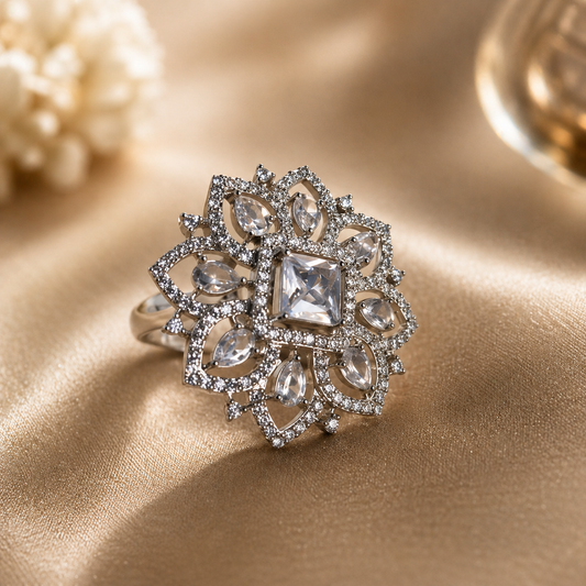 Rhodium Plated Adjustable American Diamond Ring