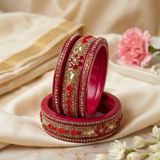 Pink Rajasthani Lac Kada/Bangles with Red Stones, Golden Teardrop Stones, and Rhinestones | Set of 6 | Traditional Bangles for Women and Girls