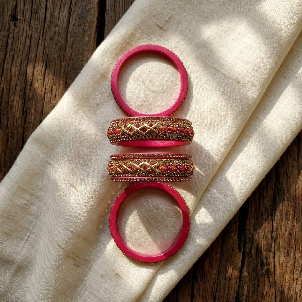 Traditional Rajasthani Pink Lakh with Kundan Designed Lac/Lakh Bangles/Kadda/Chura Set For Women And Girls