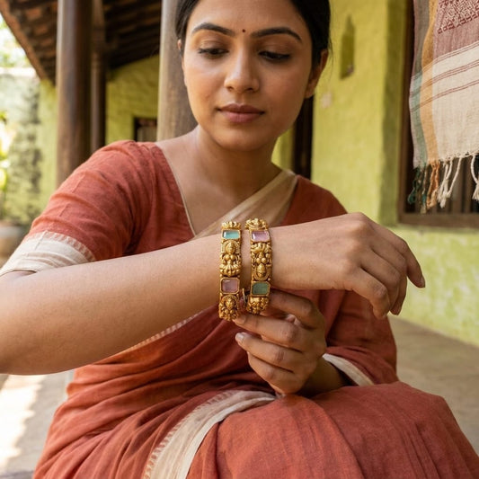 Karatcart Antique Gold-Plated Mata Laxmi Rajwadi Temple Bangles for Women - Set of 2