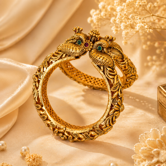 Gold Plated Stones Carved Peacock Floral Openable Bangles (set of 2)