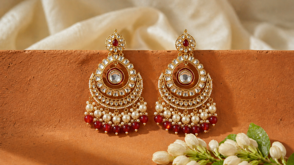 Beautiful Kundan Chand Bali Earrings Maroon colour & Green Colour