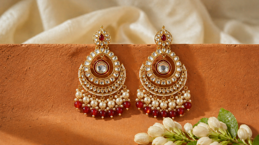 Beautiful Kundan Chand Bali Earrings Maroon colour & Green Colour