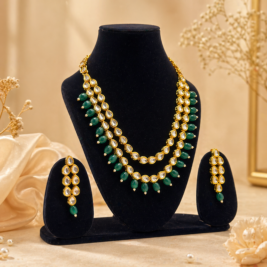 2 Line Layered Round Neck Beautiful Kundan Necklace Set