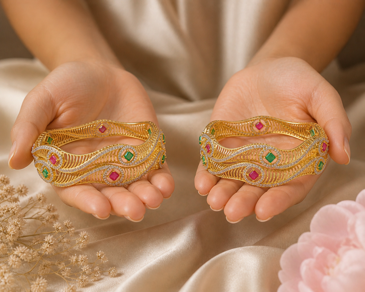 Multi-Ruby & Striped Diamond Kada For Women & Girls