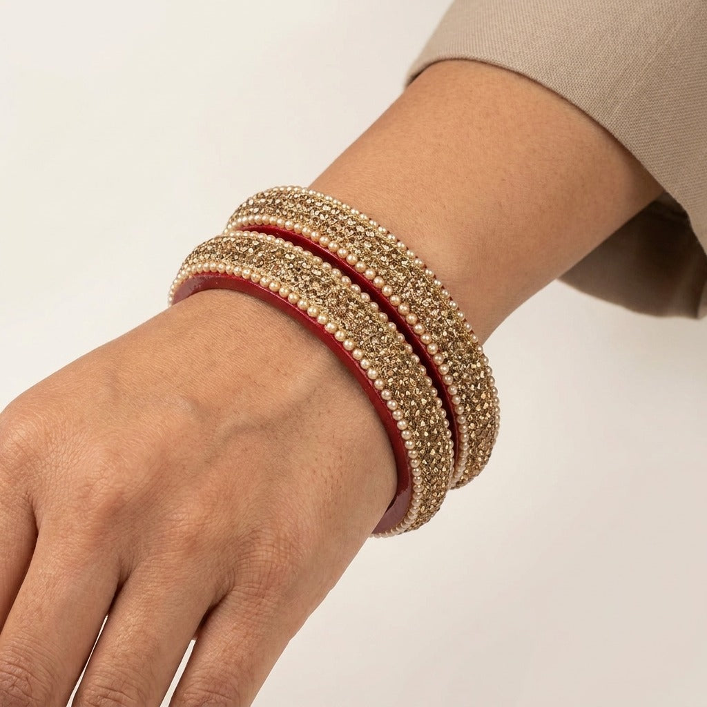 Maroon Lakh Bangdi Set with Golden Rhinestones | For Girls and Women.