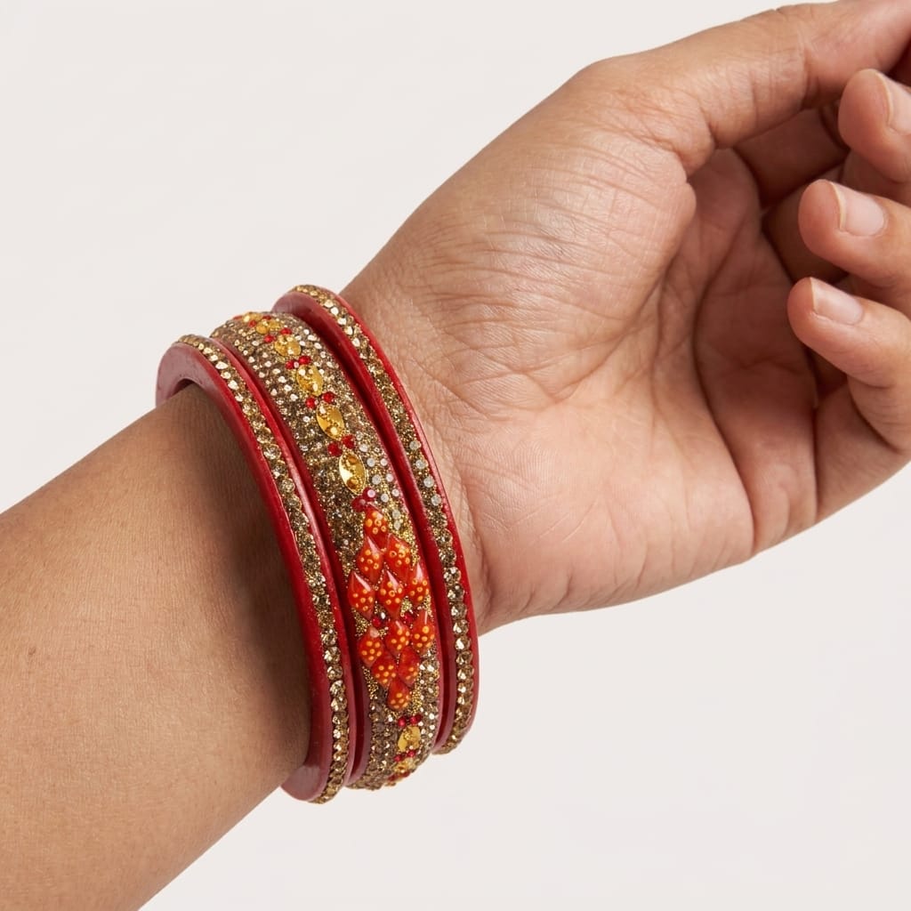 Kundan Diamond Red 5 Line Lac Bangle