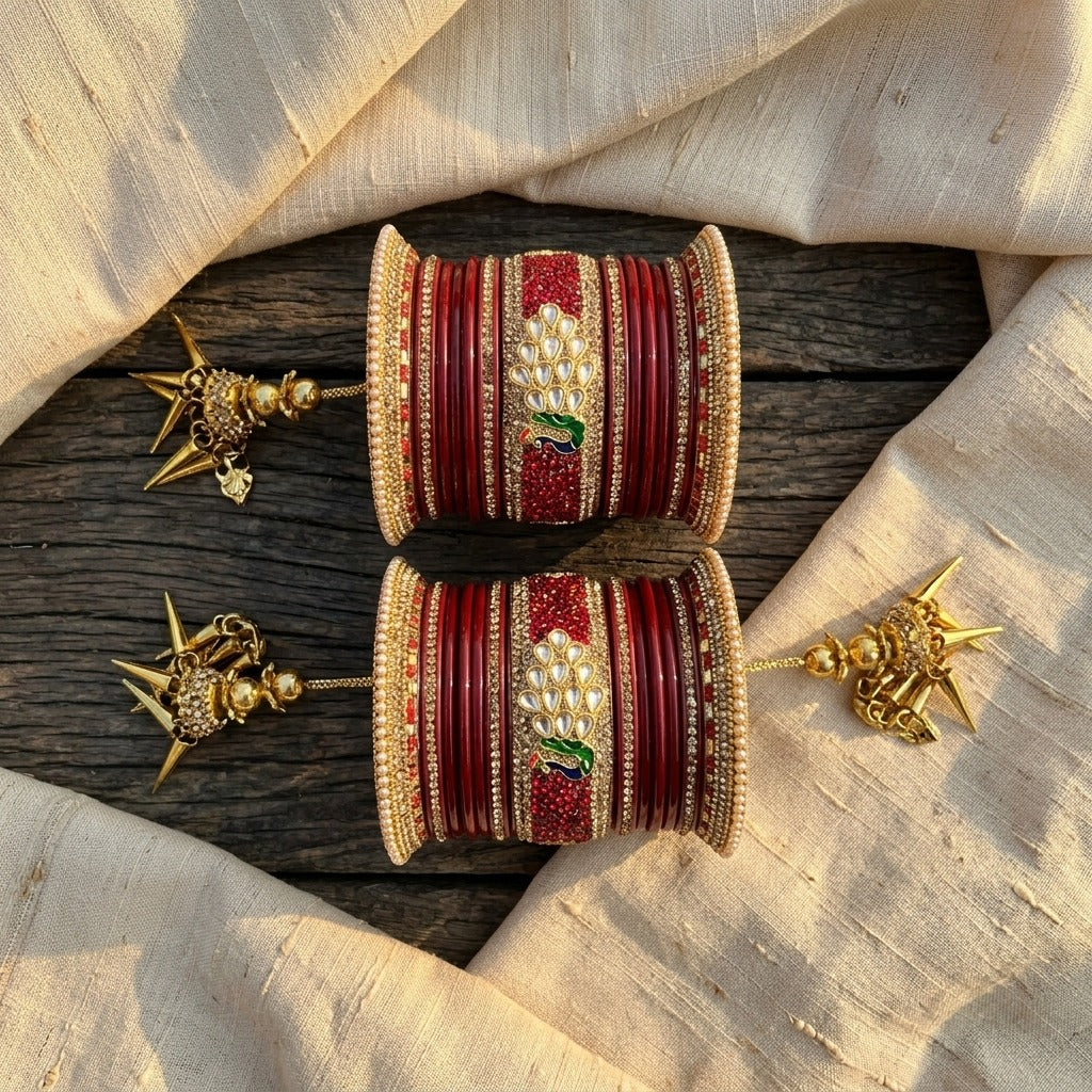 Mayuri Red Lakh wedding Chura Set with Latkans | Traditional Rajasthani Bangles | For Women and Girls