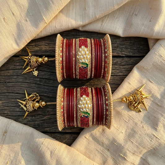 Mayuri Red Lakh wedding Chura Set with Latkans | Traditional Rajasthani Bangles | For Women and Girls