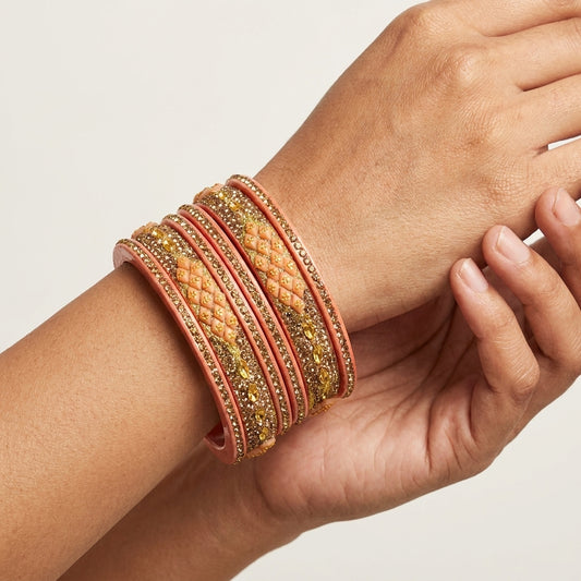 Peach Rajasthani Lac Kada Bangles with Pink Stones,& Golden Rhinestones | Set of 6 | Traditional Bangle | for Women and Girls