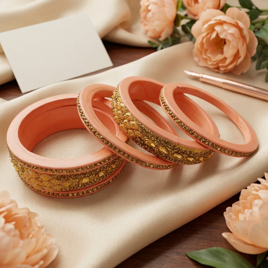 Peach Rajasthani Lac Kada Bangles with Pink Stones,& Golden Rhinestones | Set of 6 | Traditional Bangle | for Women and Girls