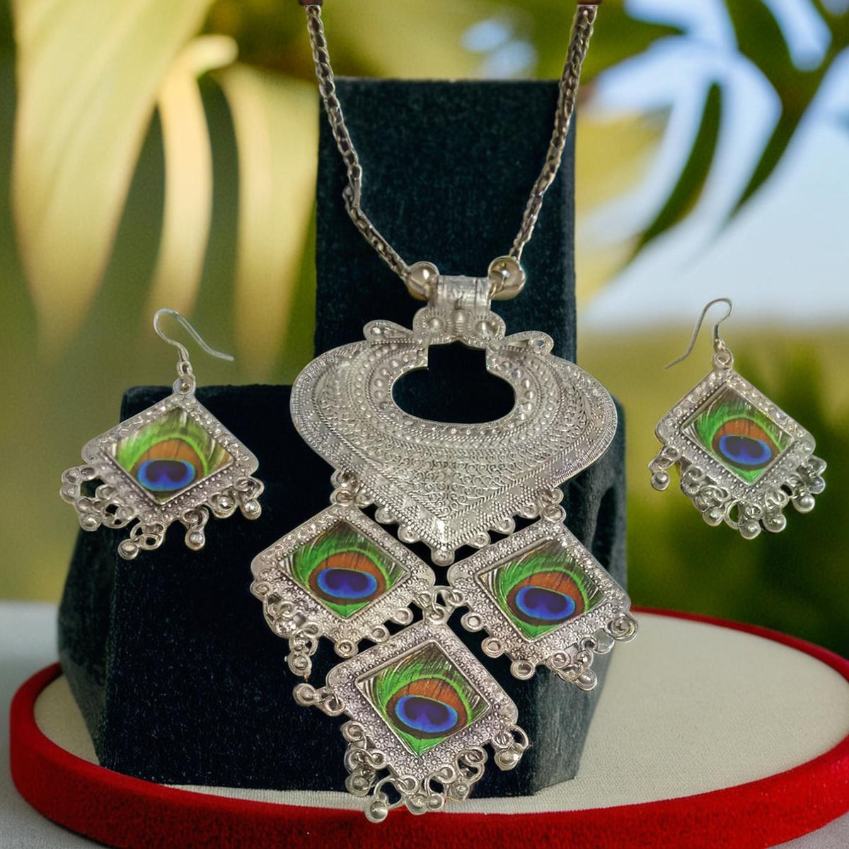 Meenakari Silver Oxidize Peacock Pendant Set | Traditional Ranihaar/Necklace/Pendant | for Girls and Women.
