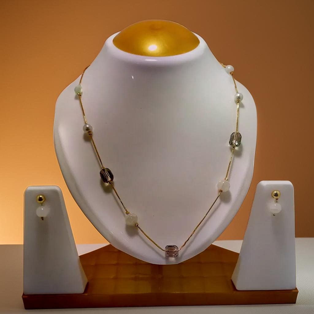 Purple/Pink stone and White pearls | Chain set | Minimal necklace / Necklace Set | Girls & Women