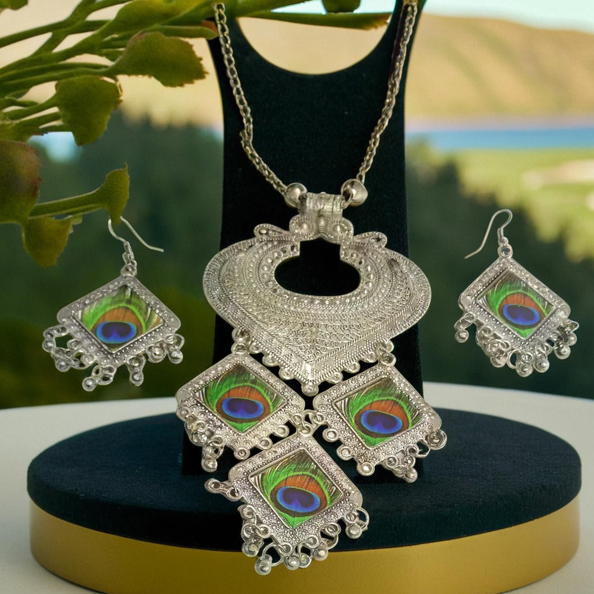 Meenakari Silver Oxidize Peacock Pendant Set | Traditional Ranihaar/Necklace/Pendant | for Girls and Women.